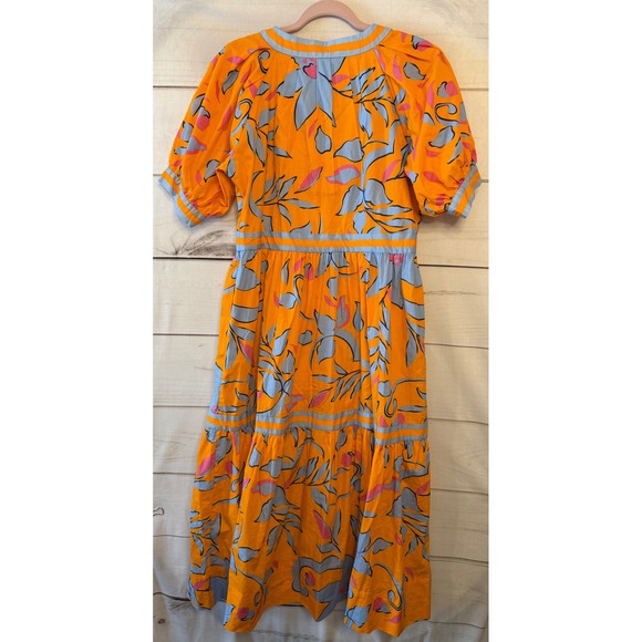 Gretchen Scott Orange Blue Floral Puff Sleeve Midi Dress Size S - Picture 6 of 6